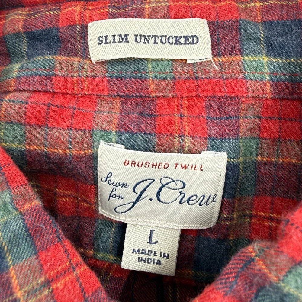 J. Crew Brushed Twill Shirt Mens Large Red Plaid Slim Untucked Button Down